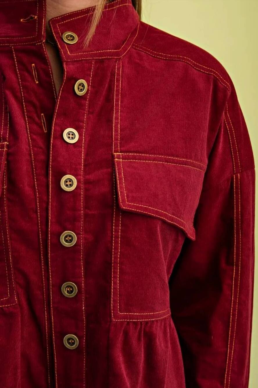 NEW GIGIO corduroy babydoll style button up jacket in burgundy - Picture 4 of 5